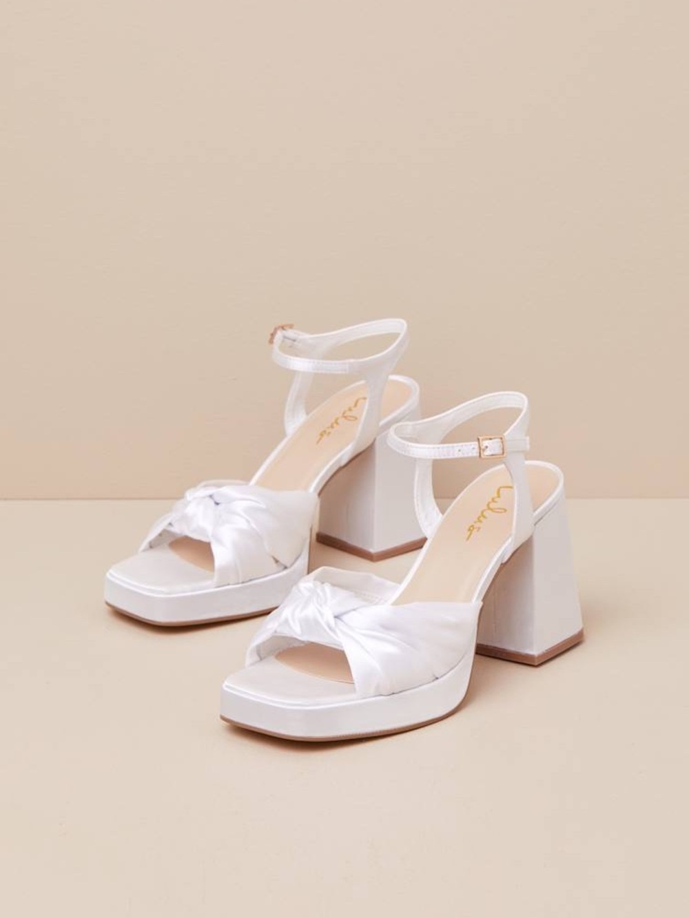 Lulu's White Satin Knotted Ankle-Strap Block Heels